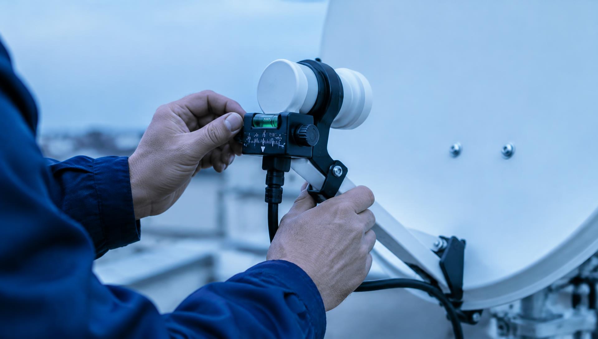 Close-up of hands calibrating a satellite dish LNB