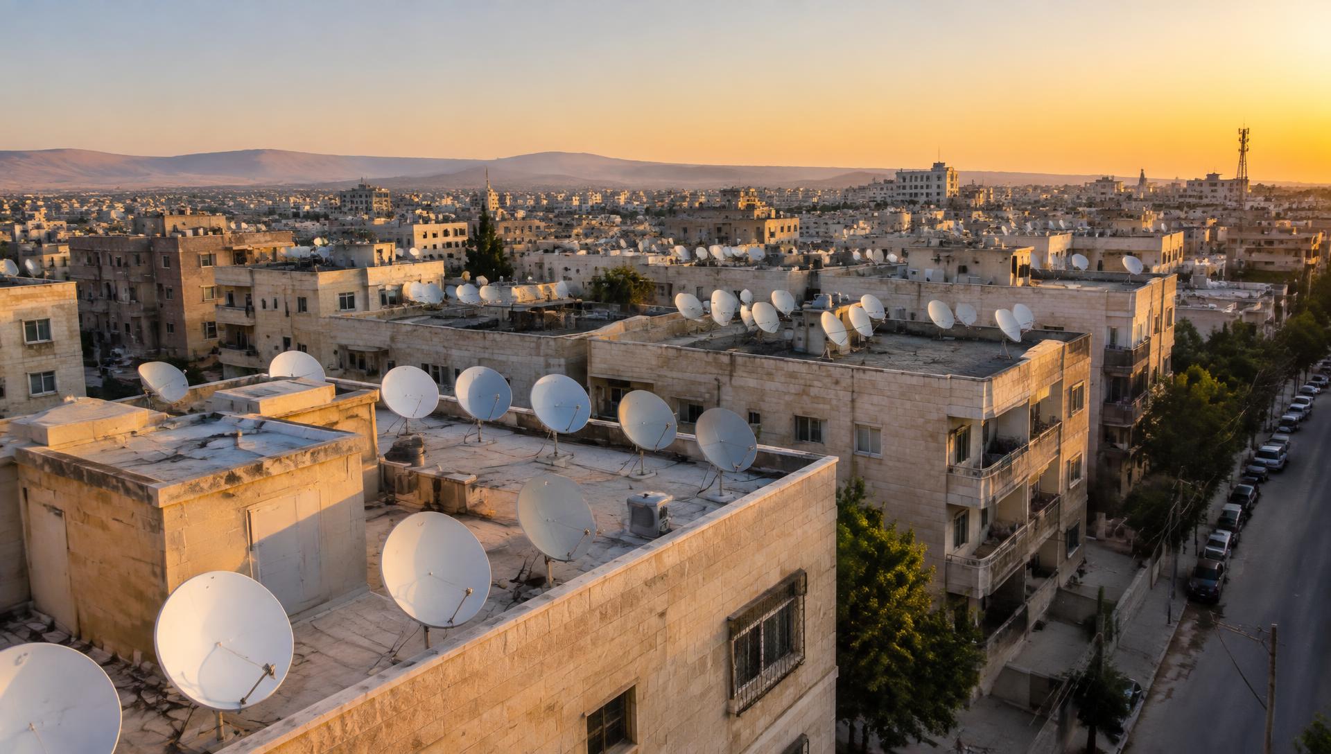 Rooftops covered with satellite dishes at golden hour